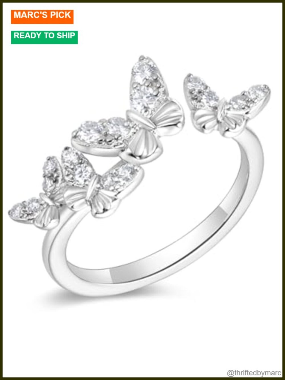 Moissanite Butterfly Adjustable Stacking Ring 925 Sterling Silver